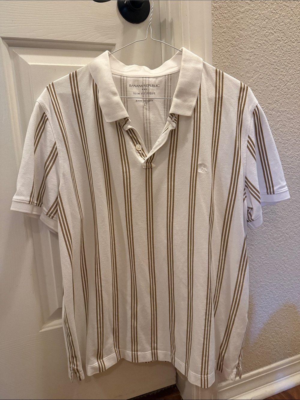 Banana Republic White Polo with Tan Vertical Stripes